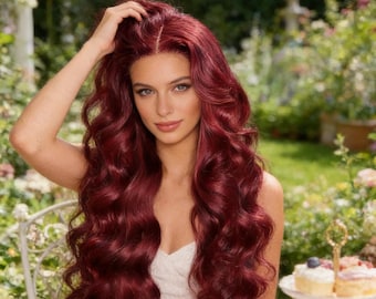 Red Long Wavy Wig – Middle Part Big Curls, Natural Stylish Hair for Events