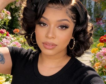 Black Curly Bob Wig, Side Part Voluminous Wavy Synthetic Heat-Resistant Hair
