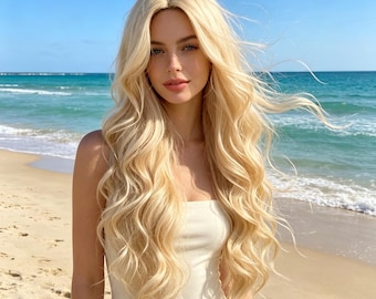 Long Wavy Pale Blonde Wig for Women, Middle Part Synthetic Wig, Natural Loose Curly Hair Wig, Daily Cosplay Doll Decor Wig