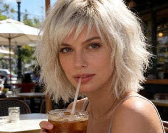 Short gradient gray bob wig with bangs: natural straight hair synthetic fiber