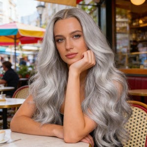 May include: A person with long, wavy, silver hair sits at a cafe table, resting their chin on their hand. The cafe has red awnings and colorful umbrellas. The person is wearing a black top and is in an outdoor setting.