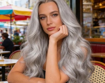 Silver Gray Long Wavy Wig – Middle Part, Natural Wave Synthetic Hair
