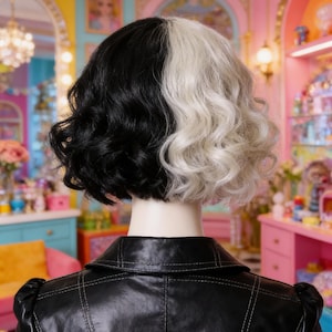 May include: A mannequin with a two-toned wig, half black and half white, styled in loose curls. The mannequin wears a black leather jacket with quilted stitching. The background is a colorful room with pink, yellow, and blue accents.