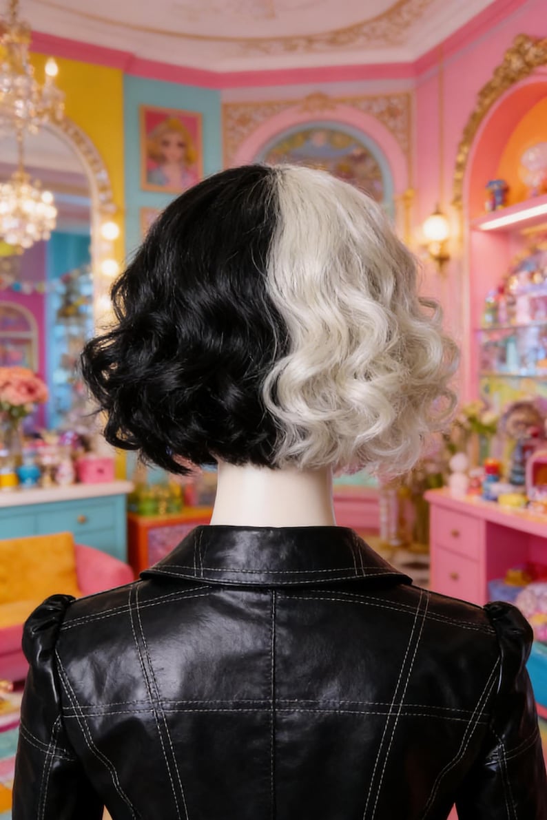 May include: A mannequin with a two-toned wig, half black and half white, styled in loose curls. The mannequin wears a black leather jacket with quilted stitching. The background is a colorful room with pink, yellow, and blue accents.