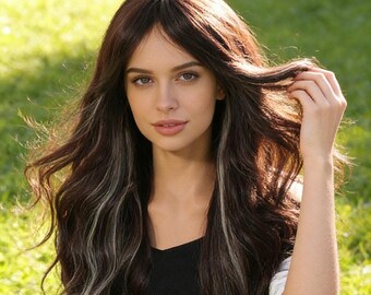 Dark Brown Wavy Wig, Long Synthetic Hair With Curtain Bangs, Heat Resistant Daily Wear