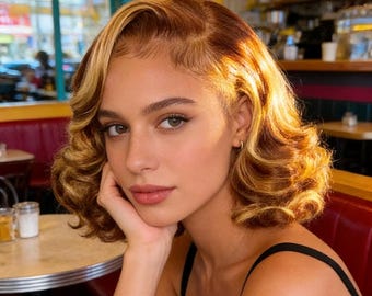 Short Wavy Wig: Brown Highlights, Middle Part, Vintage Soft Glam Everyday Fashion