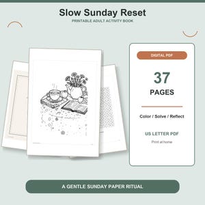 Libro di attività stampabile in PDF per una domenica di relax / Disegni da colorare, puzzle e spunti di riflessione per adulti