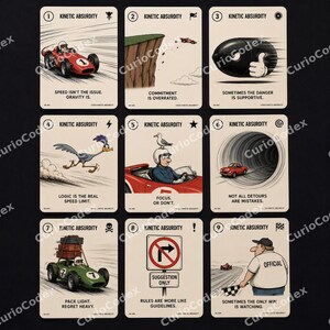 May include: A set of nine rectangular playing cards titled Kinetic Absurdity, each featuring a unique cartoon illustration and text. The cards depict various humorous scenes involving race cars, road signs, and characters, all printed on a light cream background.