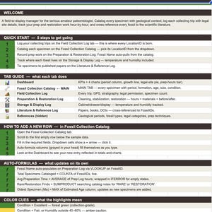 May include: A digital workbook screenshot, titled "Amateur Fossil Collection & Paleontology Tracker." It features instructions, quick start guides, and tab guides. The color scheme is predominantly black, white, and blue, providing a clear and organized layout for users.