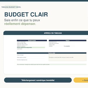 Peut inclure: Un modèle de tableau de budget Excel numérique intitulé BUDGET CLAIR avec des sections pour la situation financière actuelle, la disponibilité quotidienne et hebdomadaire, et la planification des achats. Logo avec coche verte.
