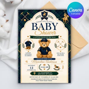 May include: A baby shower invitation card featuring a teddy bear wearing a navy polo shirt and cap, set against a dark green plaid background. The design includes gold accents, polo-themed illustrations, and text details for the event date and location.