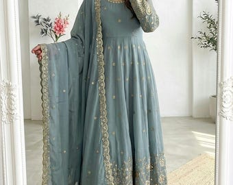 Women's Embroidered Silk Gown Set with Dupatta & Pants | Designer Party Wear Anarkali Dress | Indian Wedding  Festive Outfit