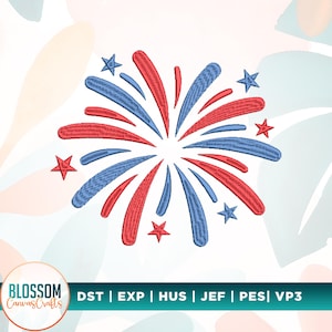 May include: An embroidered design of a firework in red and blue, with star accents. The design is centered on a white background, with the Blossom Canvas Crafts logo in the lower left corner. The file formats DST, EXP, HUS, JEF, PES, and VP3 are listed.