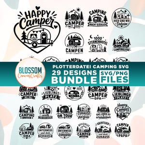 Puede incluir: Una colección digital de 29 diseños gráficos en blanco y negro con temática de camping en formatos SVG y PNG. El paquete incluye varias ilustraciones de caravanas, montañas y árboles, junto con frases como Happy Camper y Plotterdatei.