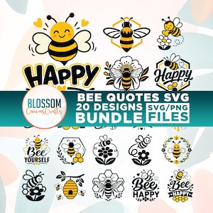 Puede incluir: Una colección digital de 20 diseños gráficos con temática de abejas que incluye ilustraciones de abejas, panales, flores y textos como "HAPPY", "Bee YOURSELF" y "Bee HAPPY". El paquete incluye archivos SVG y PNG para manualidades.