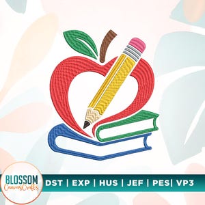 May include: An embroidery design featuring a red heart-shaped apple with a green leaf and brown stem, a yellow pencil with a pink eraser, and two stacked books in blue and green. The text Blossom CanvasCrafts and file formats are visible.