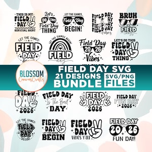Può includere: Una collezione di design SVG e PNG in bianco e nero con le parole "Field Day" e frasi correlate. I design includono occhiali da sole, simboli di pace e il testo "2026". L'immagine include anche il testo "Field Day SVG Bundle Files".