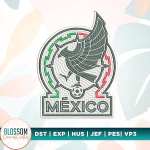 May include: An embroidered patch featuring a dark gray eagle with wings spread, perched above a soccer ball. The design is framed by a circular border with green and red accents and the word MÉXICO in bold, dark gray capital letters at the base.