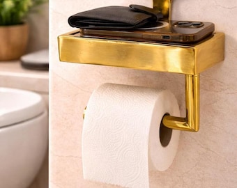 Portarrollos de papel higiénico de latón sin lacar con estante – Organizador de baño dorado para montaje en pared