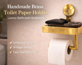 Unlacquered Brass Toilet Paper Holder with Shelf – Vintage Wall Mounted Organizer