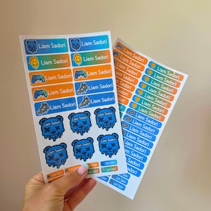 Pode incluir: Duas folhas de etiquetas adesivas retangulares e em forma de urso com o nome Liam Sadori. Os autocolantes apresentam vários ícones, incluindo caras de urso azuis, smileys cor de laranja, comandos de jogos e sapatilhas em azul e laranja.
