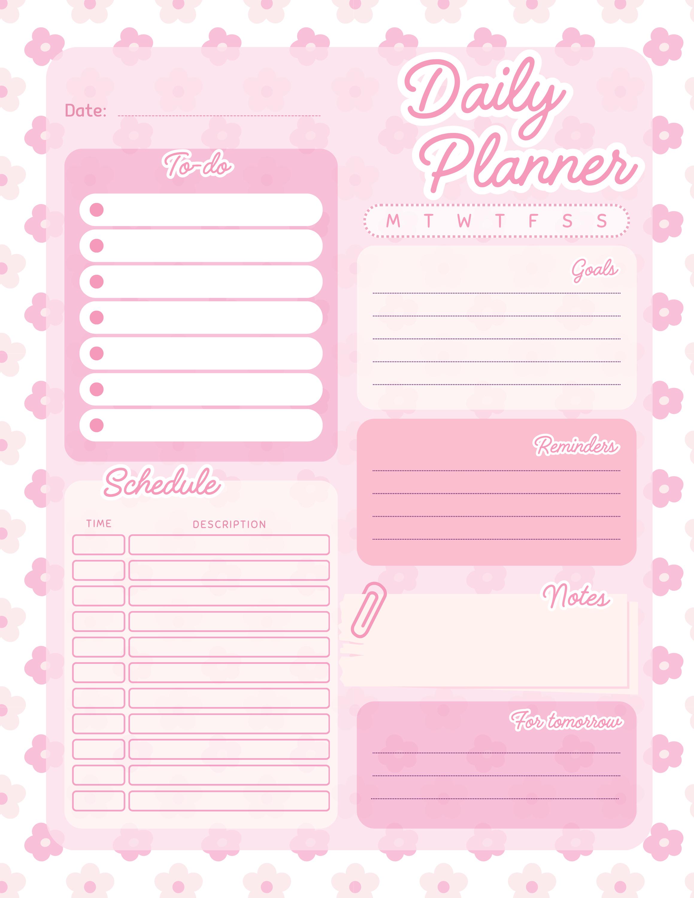 Cute Pink Daily Planner Printable | Floral To‑do List, Schedule, Goals ...