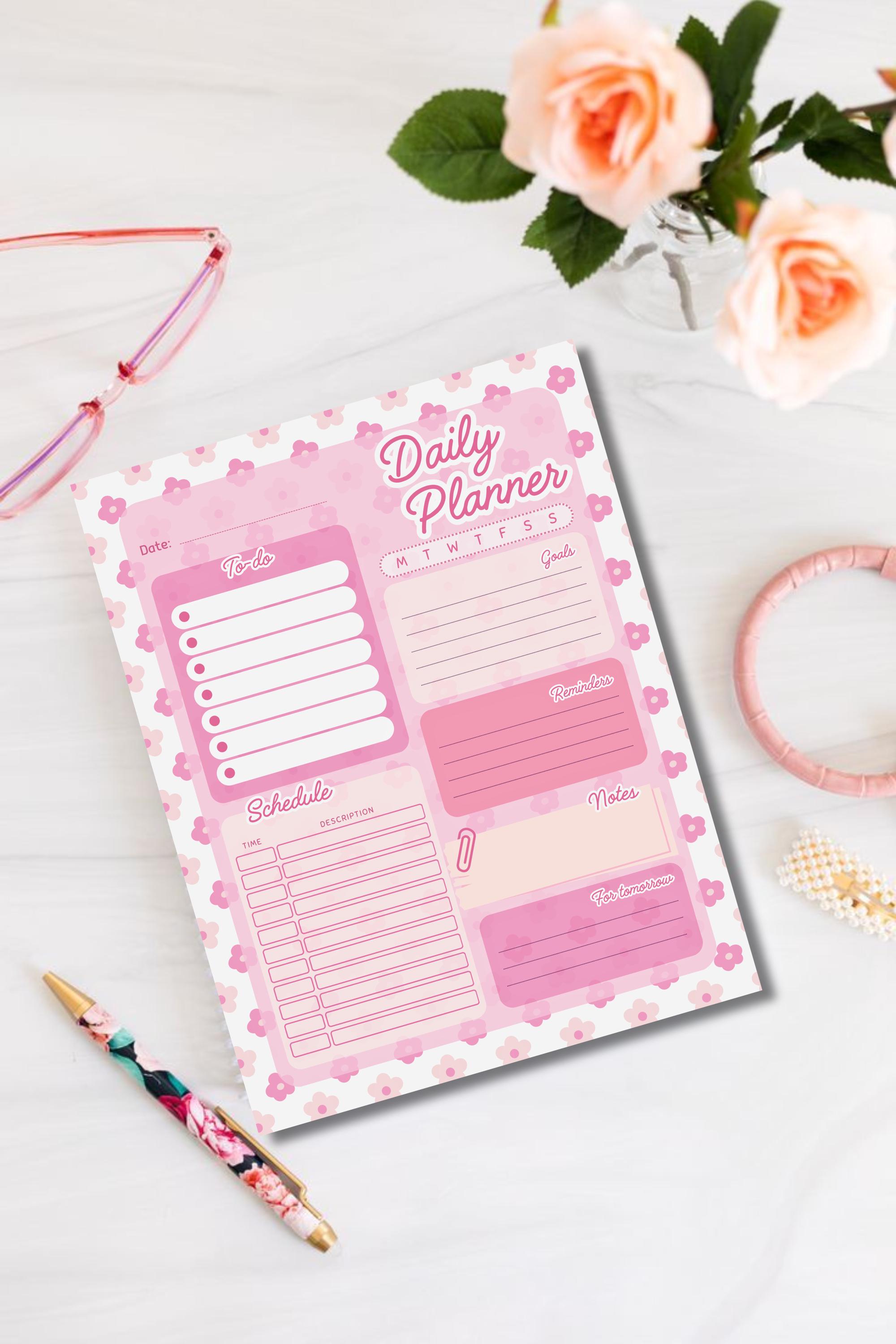 Cute Pink Daily Planner Printable | Floral To‑do List, Schedule, Goals ...