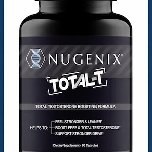 Może przedstawiać: Czarna butelka suplementu diety Nugenix Total-T. Etykieta zawiera nazwę marki, nazwę produktu i listę korzyści. Butelka zawiera 90 kapsułek i ma na celu zwiększenie testosteronu.