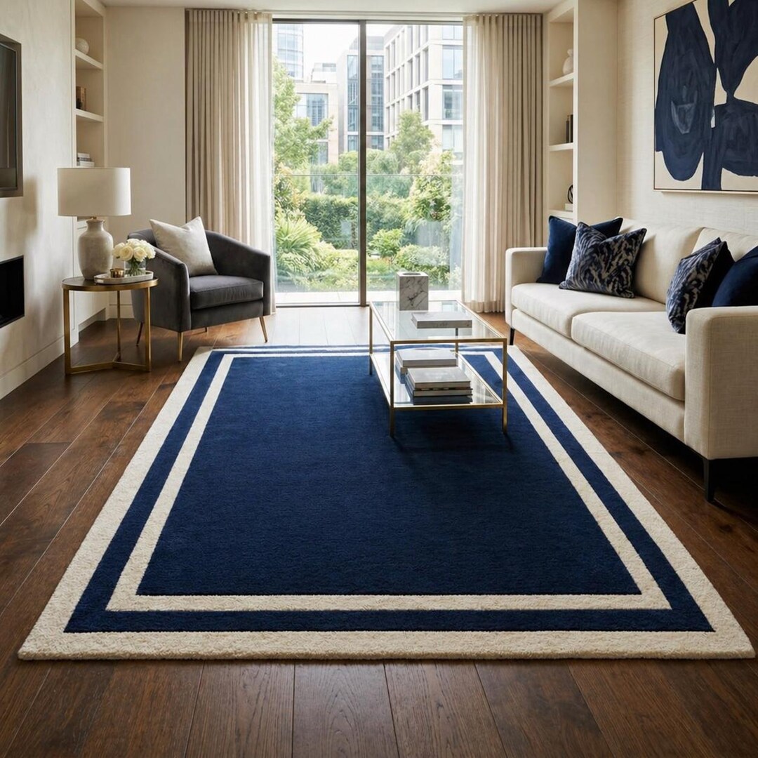 Hand Tufted Wool Navy Blue Rug, Minimalist Border Area Rug, Modern ...