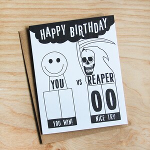 Happy Birthday, You vs Reaper Grußkarte, Letterpress Einschreibekarte.