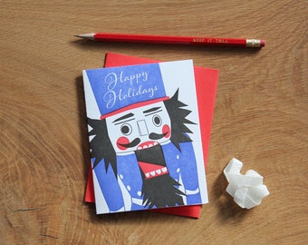 Happy Holidays Nutcracker, letterpress holiday card, single card