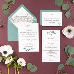 May include: A wedding invitation suite with a teal green envelope, white cardstock, and black ink. The invitation features a hand-drawn illustration of a house and the text "Jillian Katherine Derfuss and John Joseph Hans IV". The RSVP card has a line for guests to indicate whether they will attend the wedding. The menu card lists the date, September 14, 2019, and the menu for the wedding reception.