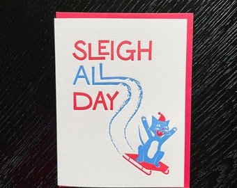 Sleigh All Day - cat, holiday card, single card