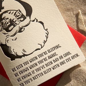 Santa's watching, better sleep with one eye open letterpress Christmas card, set of 6 image 2