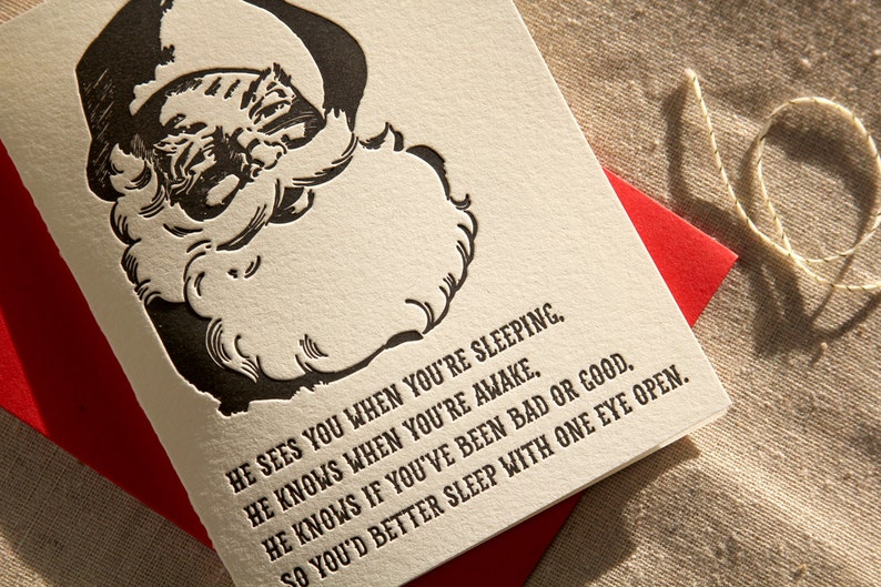 Santa's watching, better sleep with one eye open letterpress Christmas card, set of 6 image 2