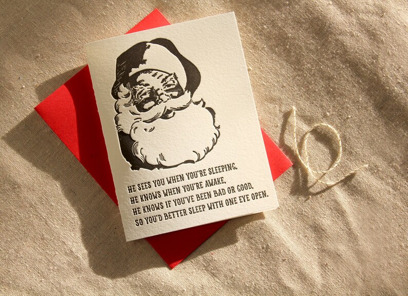 Santa's watching, better sleep with one eye open letterpress Christmas card, set of 6 image 1