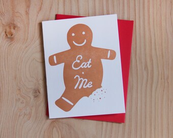 Eat Me, holiday gingerbread letterpress greeting card, single card