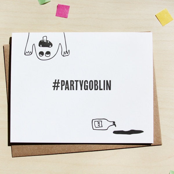 Letterpress birthday card, Hashtag Party Goblin