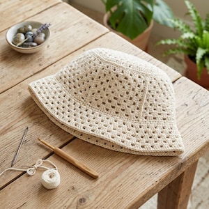 Puede incluir: Un sombrero de pescador de ganchillo de color crema con un ala ancha está sobre una superficie de madera. El sombrero tiene un patrón de puntada cuadrada abierta. Un cuenco pequeño con piedras y una ramita de lavanda, junto con herramientas de ganchillo, también están sobre la mesa.