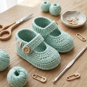 May include: A pair of mint green crochet baby shoes with a strap and wooden button closure. The shoes are handmade, with a small tag that reads "ADORE". The image also shows yarn, scissors, a crochet hook, and safety pins.