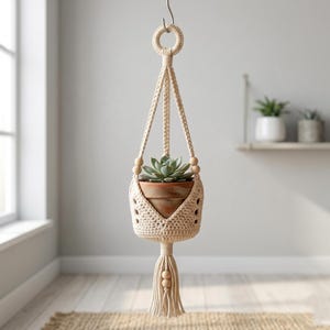 Puede incluir: Colgador de plantas de macramé color crema con una maceta de terracota que contiene una suculenta. El colgador presenta cuentas de madera y una borla. El colgador de plantas está suspendido de un gancho de metal, agregando un toque bohemio.