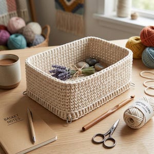 Puede incluir: Una cesta rectangular de ganchillo color crema con un manojo de lavanda y piedras en su interior. Un cuaderno, un bolígrafo, unas tijeras, un ganchillo y una bobina de cordón de algodón color crema están sobre la superficie de madera.