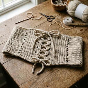 May include: A beige crocheted corset with a lace-up front and bow details. The handmade garment is displayed on a wooden surface, alongside crafting tools like scissors, a crochet hook, and yarn. The corset is a unique piece of handmade apparel.