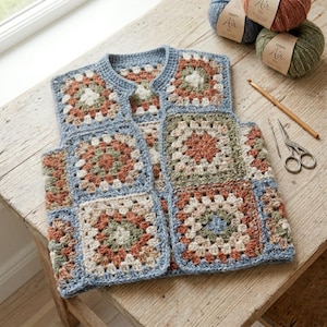 May include: A handmade, granny square crochet vest in a patchwork design. The vest features squares in shades of blue, cream, brown, and green. The vest is displayed on a wooden surface, with yarn, a crochet hook, and scissors nearby.