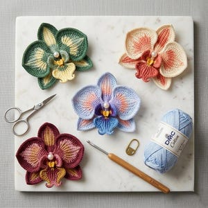 May include: A selection of crocheted orchid flowers in shades of green, peach, burgundy, and blue, each with a pearl centre. A ball of light blue DMC Cotton yarn, a crochet hook, scissors, and a stitch marker are also visible.