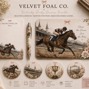 May include: A Kentucky Derby Dreams bundle featuring a notepad, pen, mousepad, and coasters. The items showcase a horse race scene with floral accents. The set includes a notepad, pen, mousepad, and four magnets. The text reads "Chase the Dream, Live the Ride."