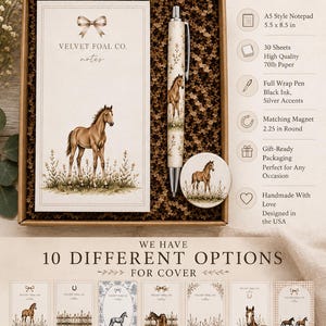 May include: A gift set featuring a notepad, pen, and magnet with a horse theme. The notepad is 5.5 x 8.5 inches, the pen has silver accents, and the magnet is 2.25 inches in diameter. The set includes gift-ready packaging.