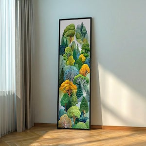 May include: A framed vertical art print depicting a colourful forest landscape. The artwork displays diverse trees in green, yellow, and orange hues, set against a light backdrop. The print is enclosed in a black frame, providing a contemporary aesthetic.