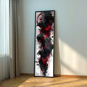 Cuadro de pared en lienzo con marco "Cuervo largo y estrecho": Pintura de gran ave negra.