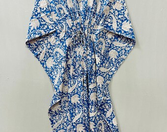 Caftán de algodón con estampado a mano, ropa de playa floral azul indio, vestido bohemio, vestido de maternidad